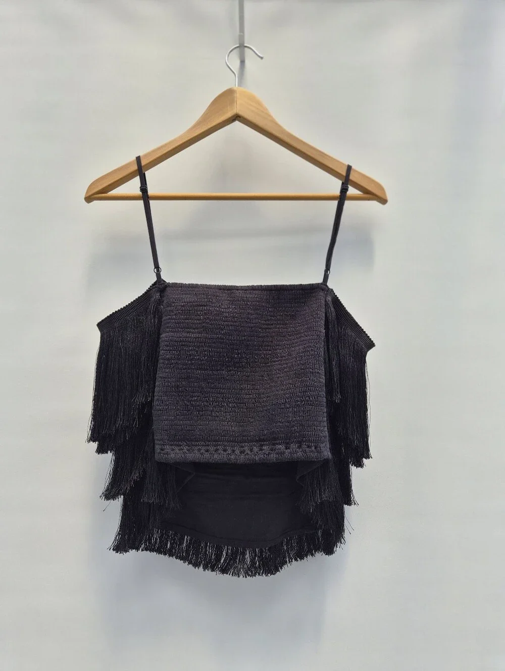 Free People Shimmy Fringe Cami Top L Black Boho Coastal Cowgirl Festival Western
